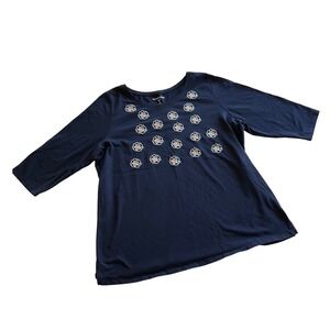 Woman Within T-Shirt Women 18/20 Navy Blue Floral Embroidered 3/4 Sleeve Top